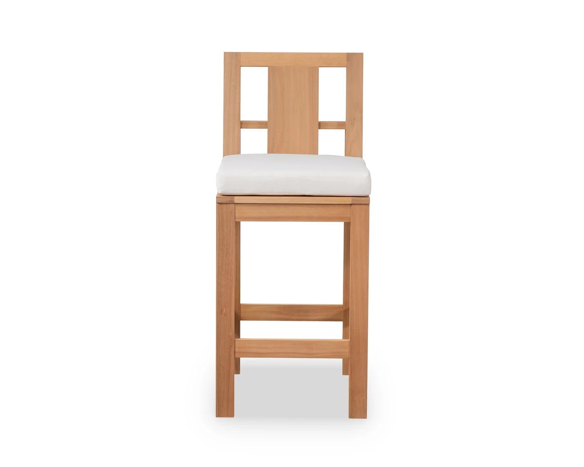Eucalyptus outdoor bar stool with cushion, front view