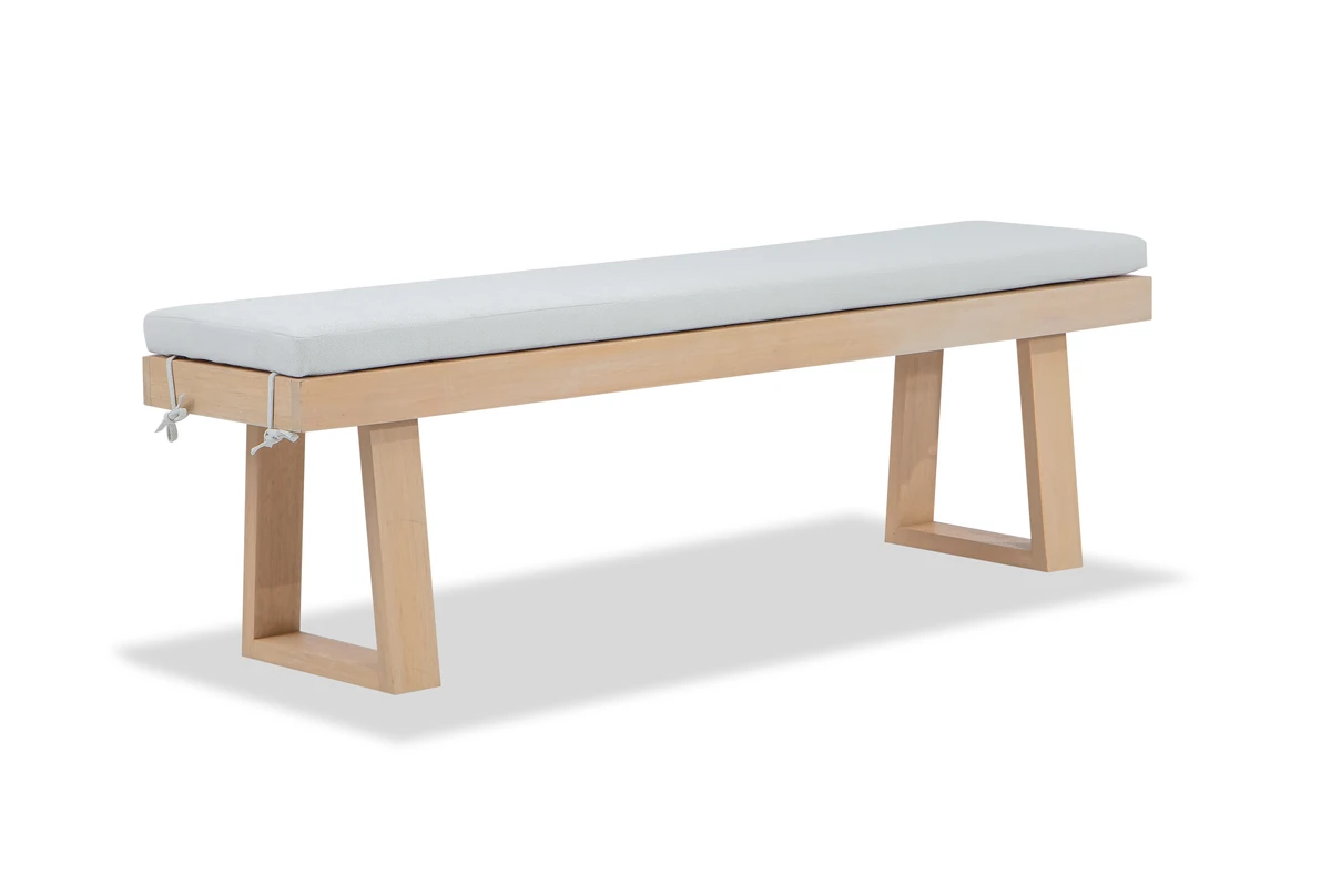 Eucalyptus dining bench with cushion, angled view