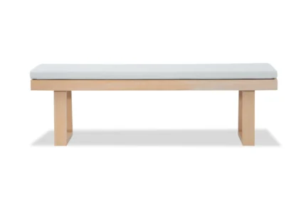 Eucalyptus patio dining bench with white cushion, front view