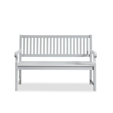 Gray eucalyptus outdoor bench with slatted back, front view