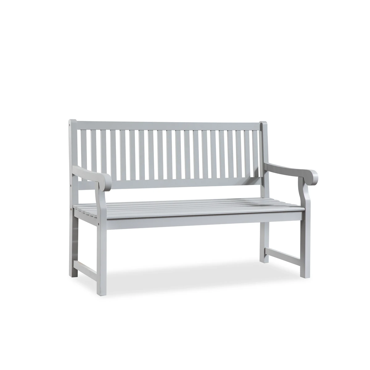 Gray outdoor bench with slatted backrest