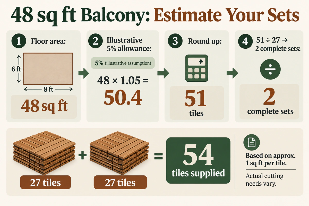 How many deck tiles do I need calculation showing 48 square feet, a 5 percent illustrative allowance, and two 27-tile sets.