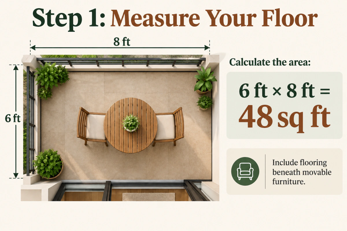 How many deck tiles do I need measurement diagram showing a 6 by 8 foot balcony with an area of 48 square feet.