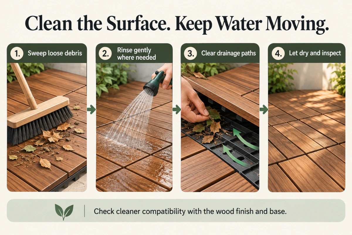How to maintain deck tiles cleaning sequence showing sweeping, gentle rinsing, clearing drainage and drying.
