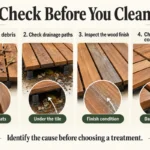 How to maintain deck tiles infographic showing debris, drainage, finish and connector inspection points.