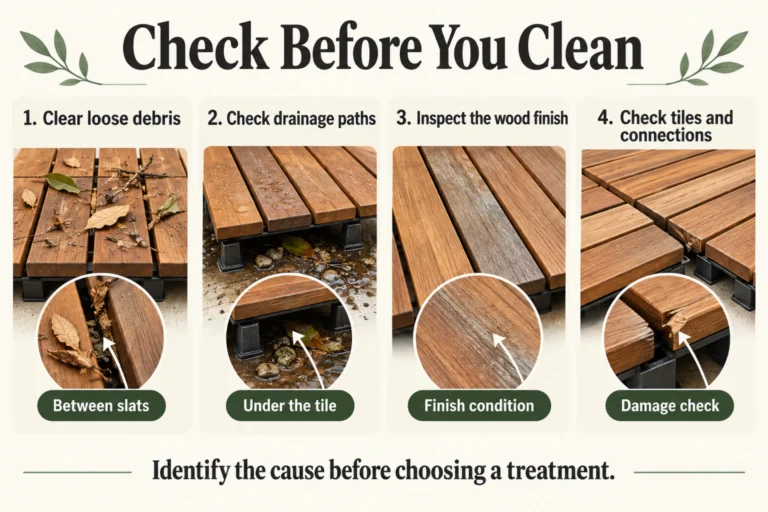 How to maintain deck tiles infographic showing debris, drainage, finish and connector inspection points.