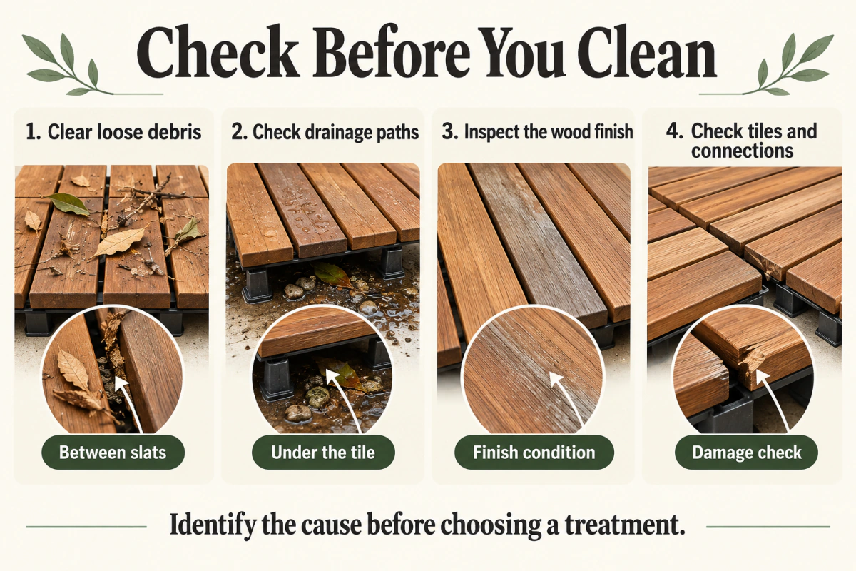 How to maintain deck tiles infographic showing debris, drainage, finish and connector inspection points.