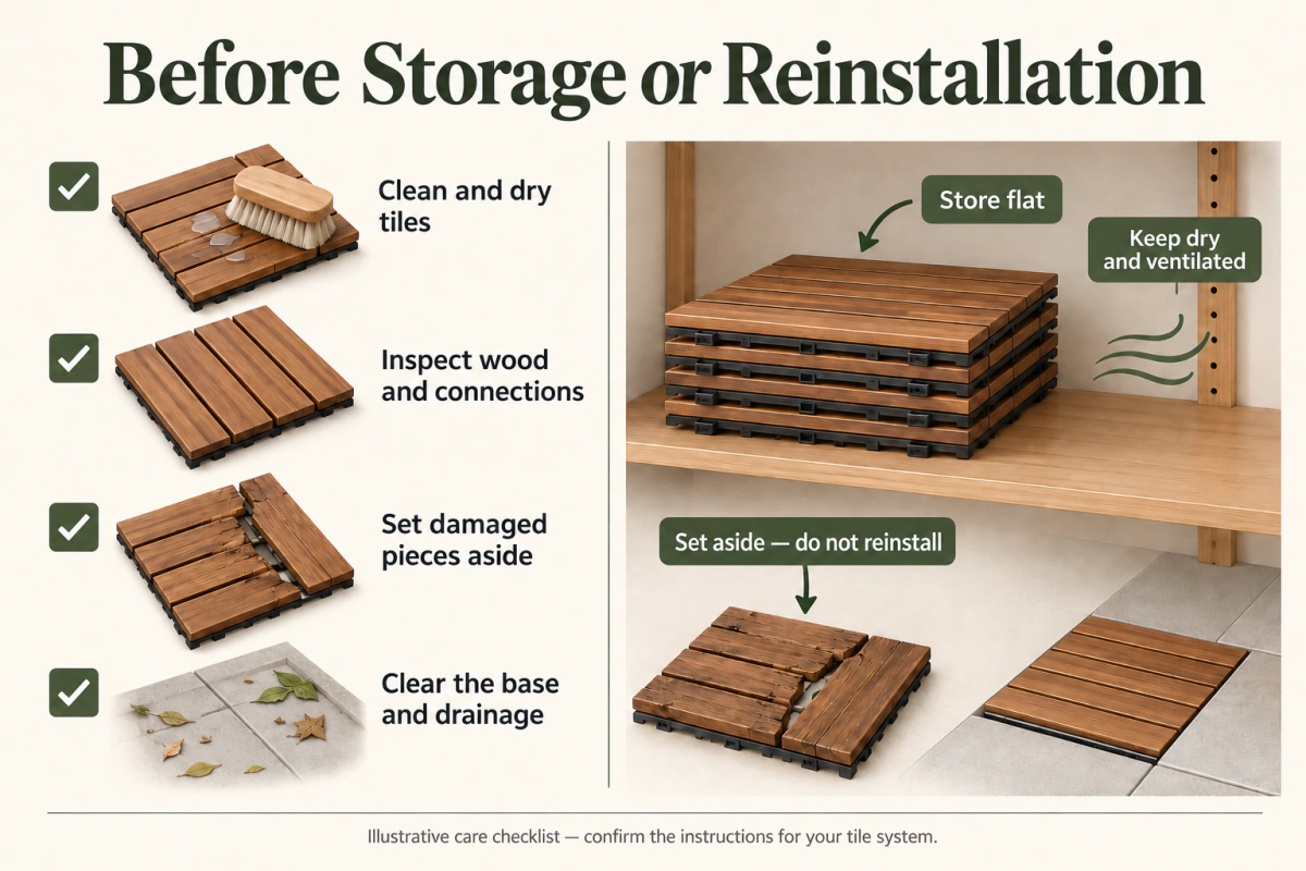How to maintain deck tiles checklist for cleaning, drying, inspecting and storing acacia tiles flat.
