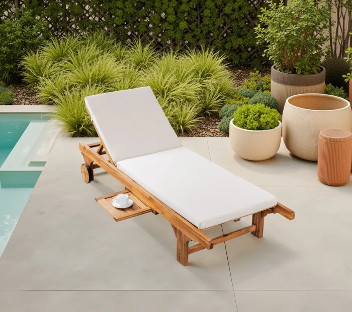 Outdoor Solid Wood Reclining Chaise Lounge with Cushion
