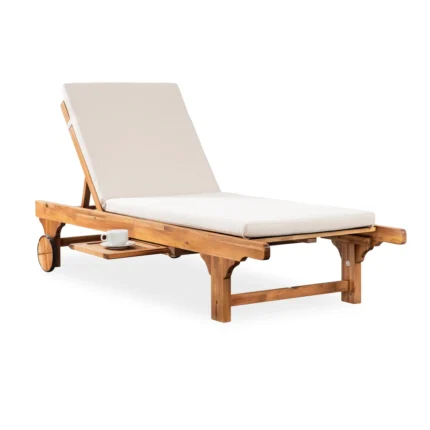 Outdoor chaise lounge with white cushion, front view