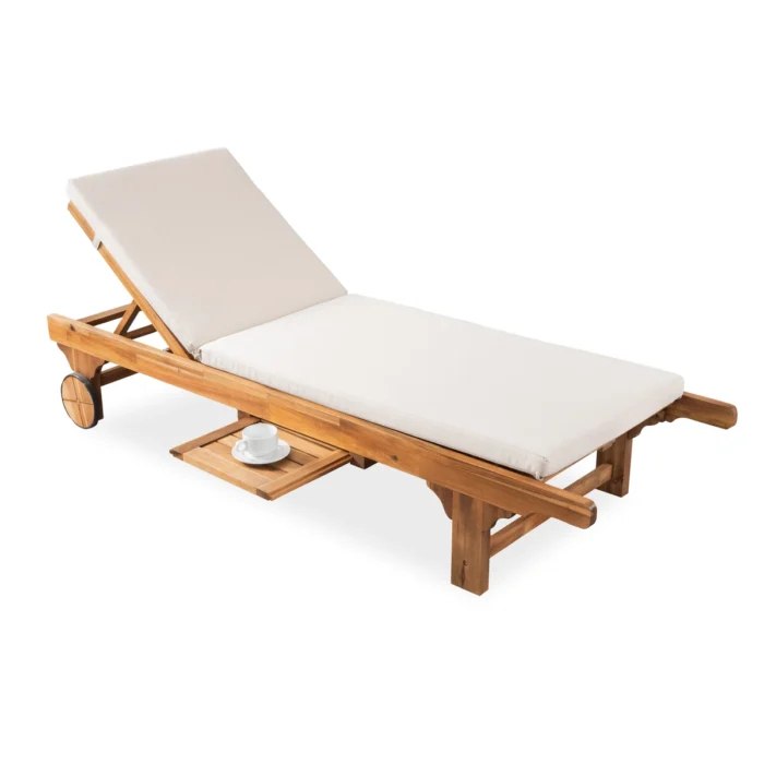 Outdoor Solid Wood Reclining Chaise Lounge with Cushion