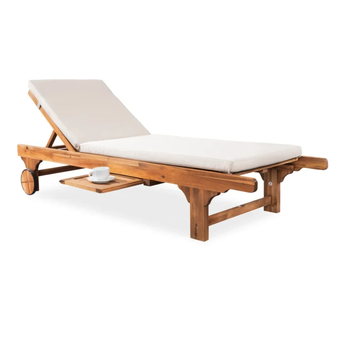 Outdoor Solid Wood Reclining Chaise Lounge with Cushion