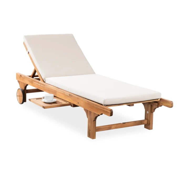 Outdoor Solid Wood Reclining Chaise Lounge with Cushion