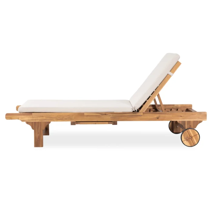 Outdoor Solid Wood Reclining Chaise Lounge with Cushion