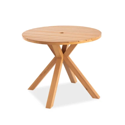 Round patio dining table with cross legs, front view
