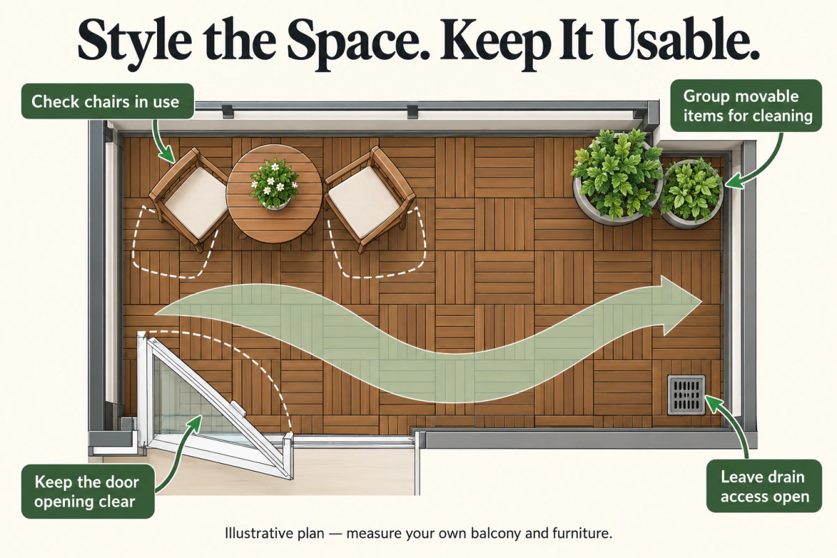 Small balcony deck tile ideas checklist showing chair pull-out space, an opening door and accessible drainage.