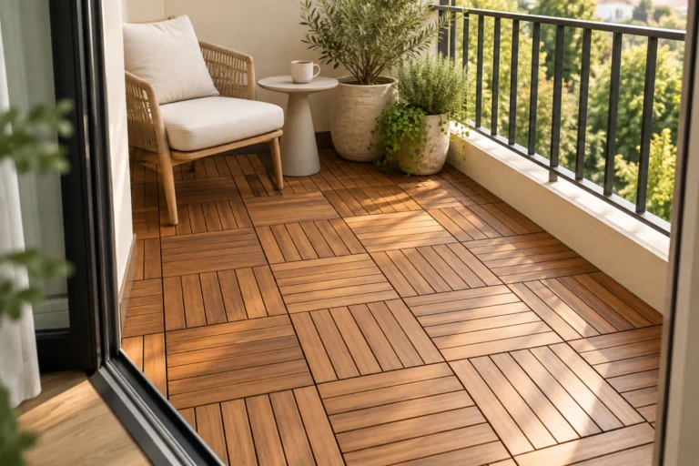 Small balcony deck tile ideas with warm acacia flooring, a cream outdoor chair, a coffee table and green plants.