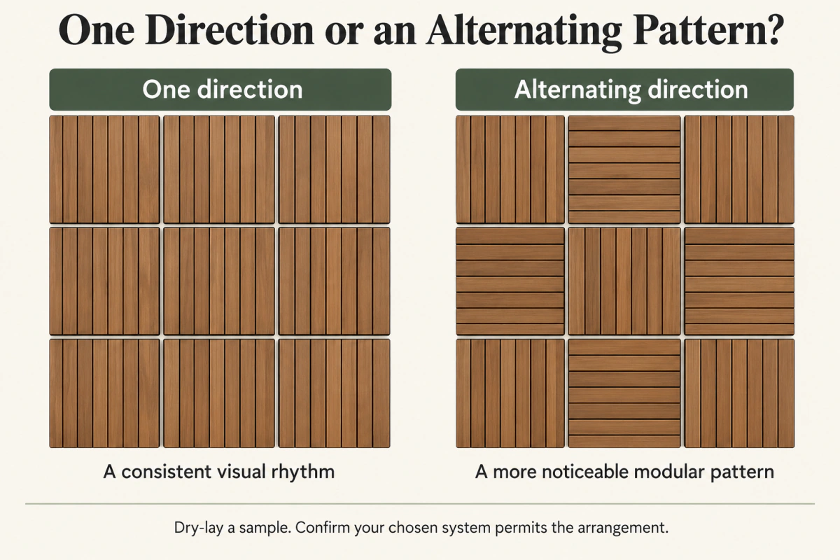 Small balcony deck tile ideas comparing a consistent slat direction with an alternating tile pattern.