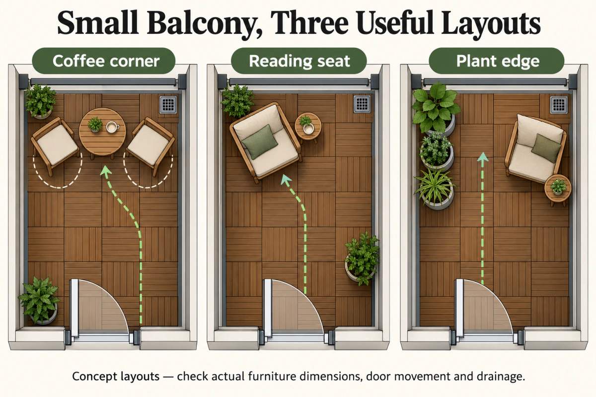 Small balcony deck tile ideas showing coffee, reading and plant-edge layouts with clear routes and drain access.