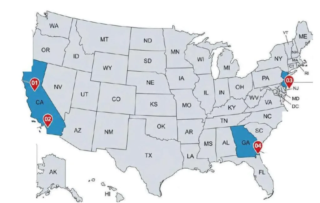 Map of Victory Relax U.S. fulfillment locations in California, New Jersey and Georgia