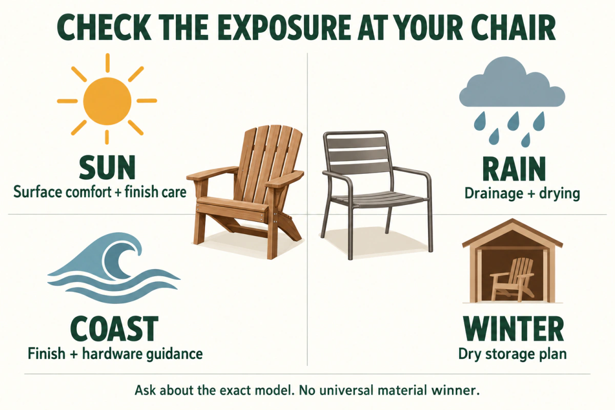Wood vs metal outdoor chairs — practical preparation and exposure checklist.