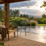 Wood vs metal outdoor chairs — illustrative seating and shelter arrangement.