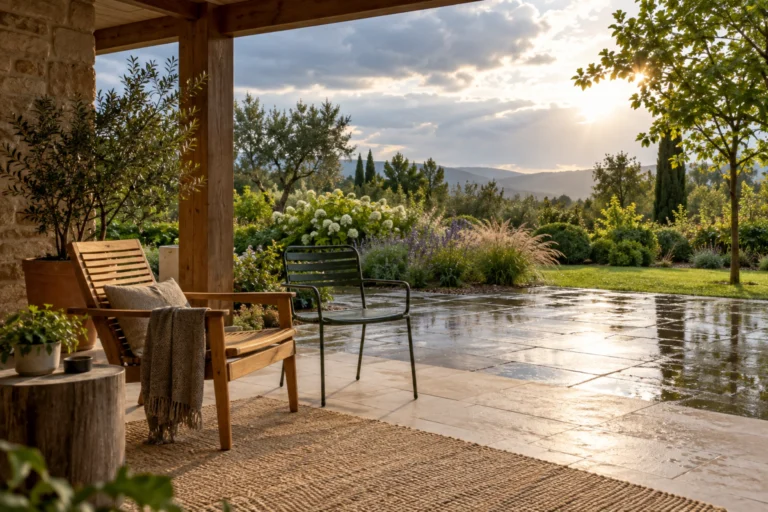 Wood vs metal outdoor chairs — illustrative seating and shelter arrangement.