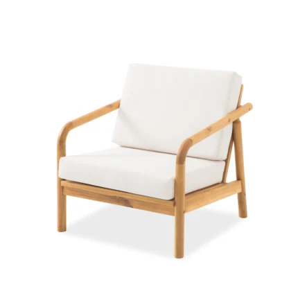 Woven rope lounge chair with white cushions, front view