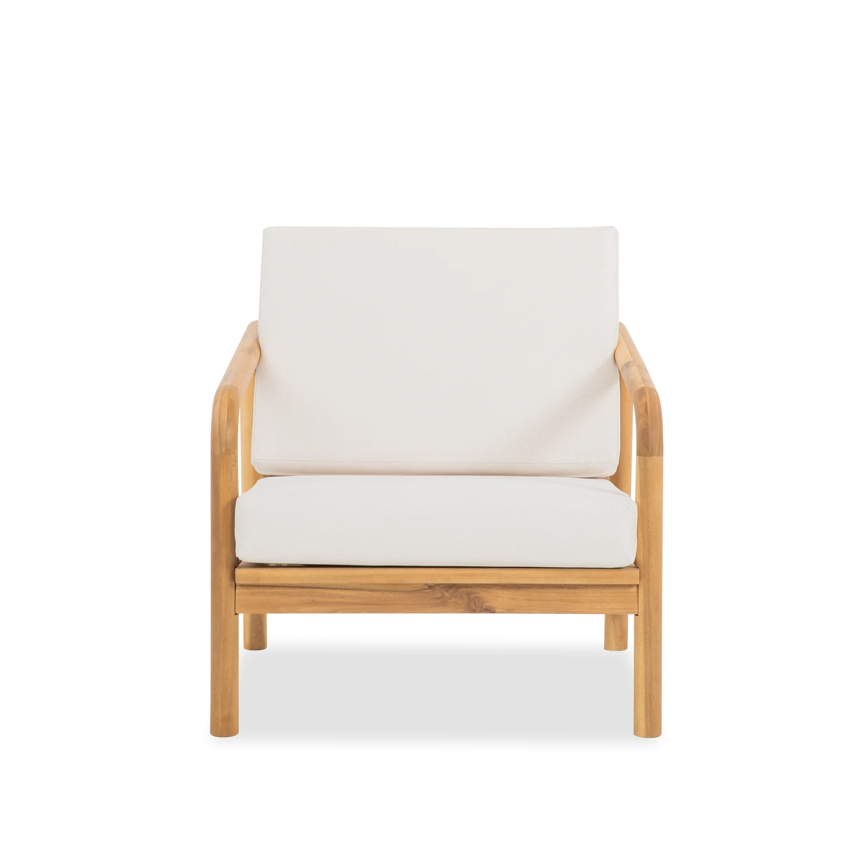 Solid wood lounge chair with woven rope back, front view