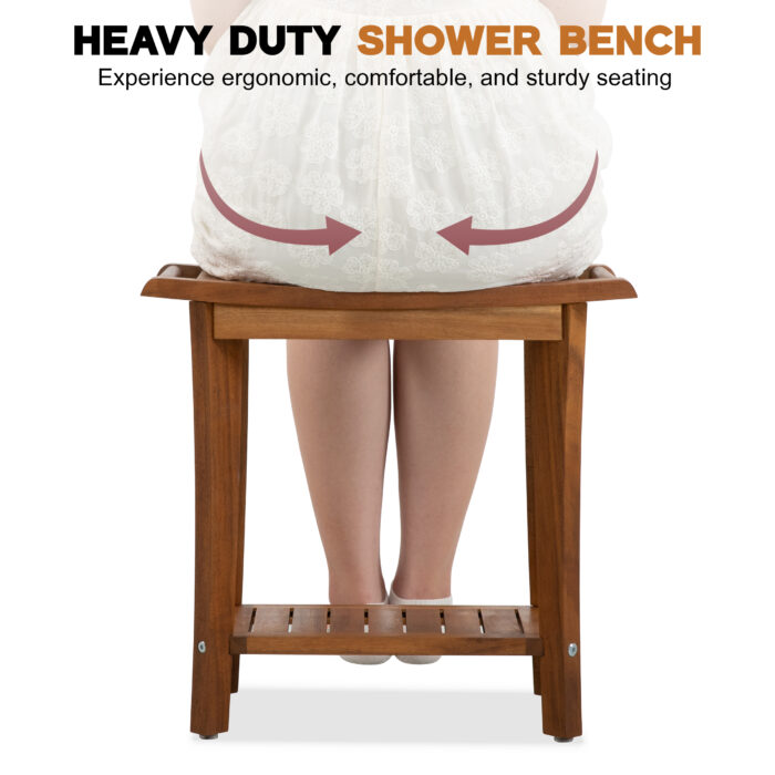 2-Tier Acacia Wood Shower Stool with Storage Shelf - Image 2