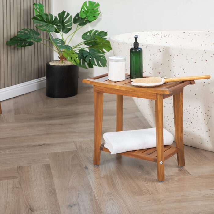 2-Tier Acacia Wood Shower Stool with Storage Shelf