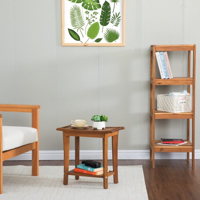 2-Tier Acacia Wood Shower Stool with Storage Shelf