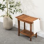 2-Tier Acacia Wood Shower Stool with Storage Shelf