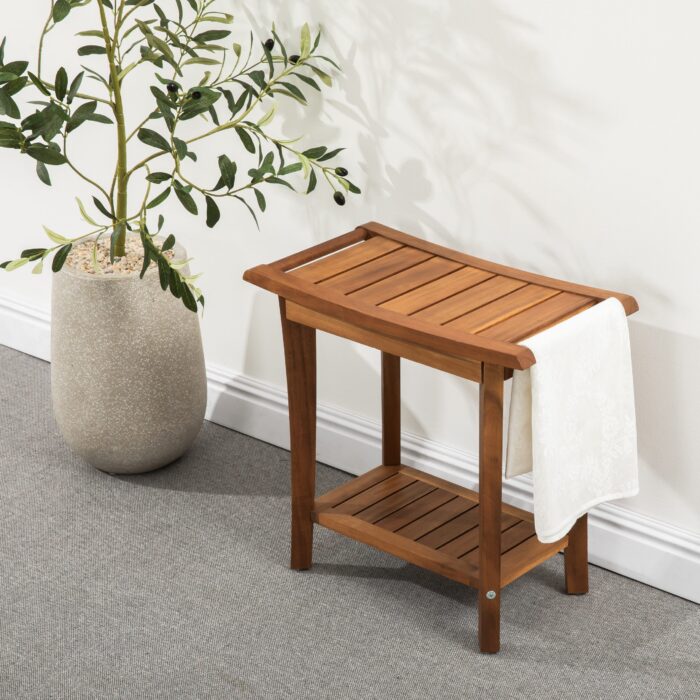 2-Tier Acacia Wood Shower Stool with Storage Shelf