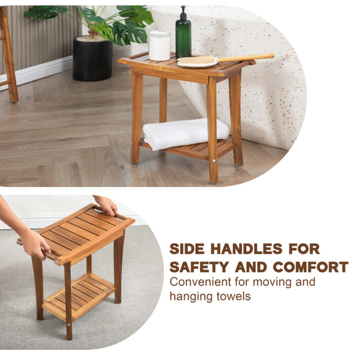 2-Tier Acacia Wood Shower Stool with Storage Shelf