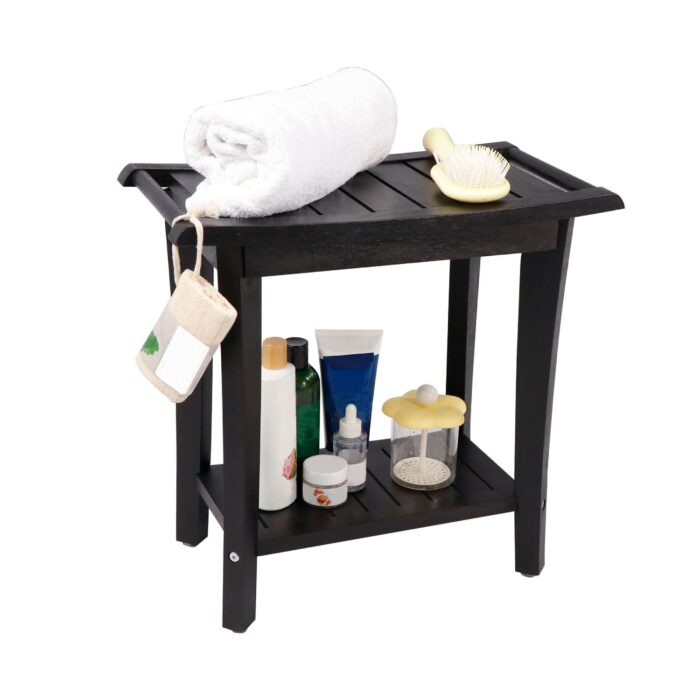 2-Tier Acacia Wood Shower Stool with Storage Shelf