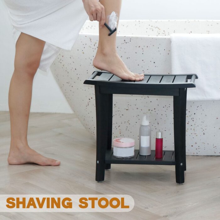 2-Tier Acacia Wood Shower Stool with Storage Shelf