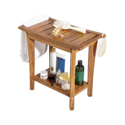 2-Tier Acacia Wood Shower Stool with Storage Shelf