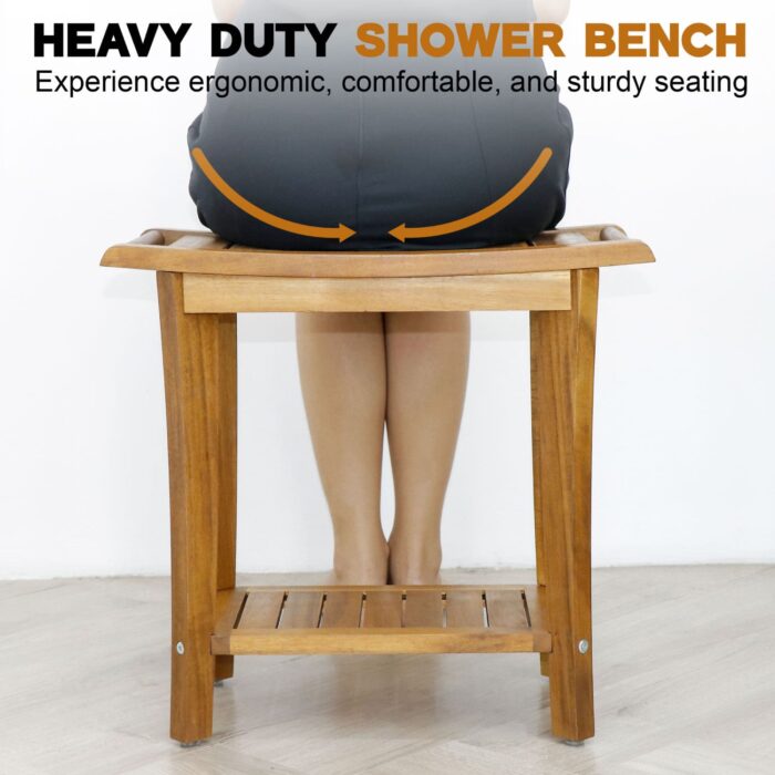 2-Tier Acacia Wood Shower Stool with Storage Shelf