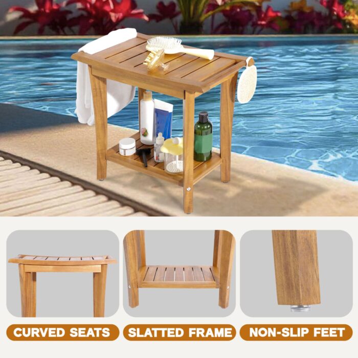 2-Tier Acacia Wood Shower Stool with Storage Shelf