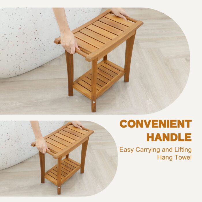 2-Tier Acacia Wood Shower Stool with Storage Shelf