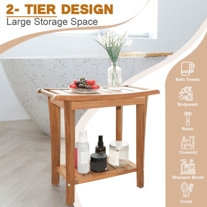 2-Tier Acacia Wood Shower Stool with Storage Shelf