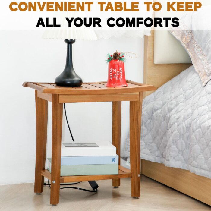 2-Tier Acacia Wood Shower Stool with Storage Shelf