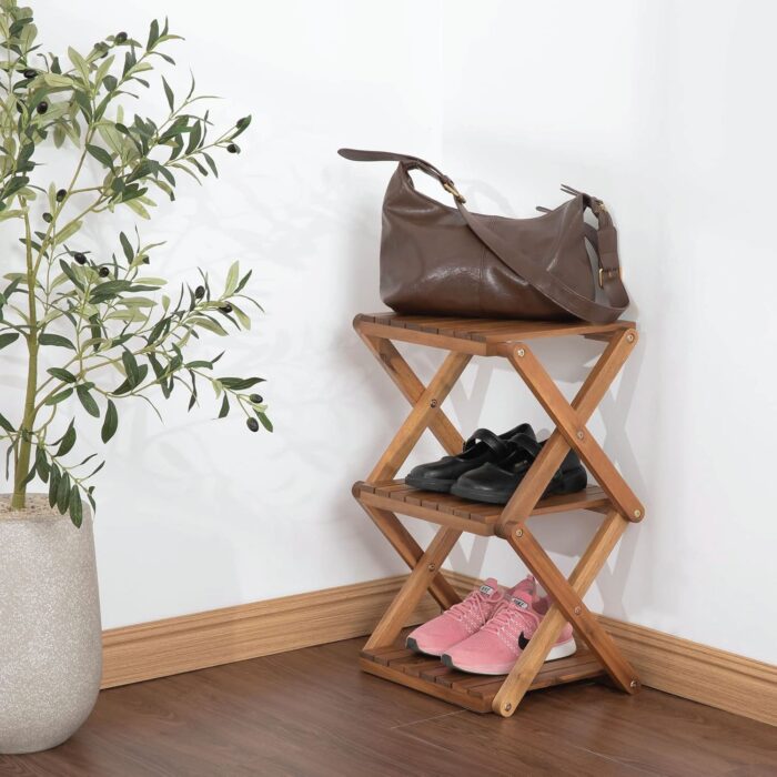 3-Tier Acacia Wood Shoe Rack Portable Storage Shelf