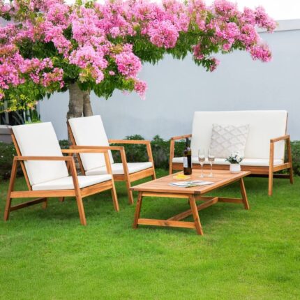 4-Piece Acacia Wood Patio Furniture Set with Cushions