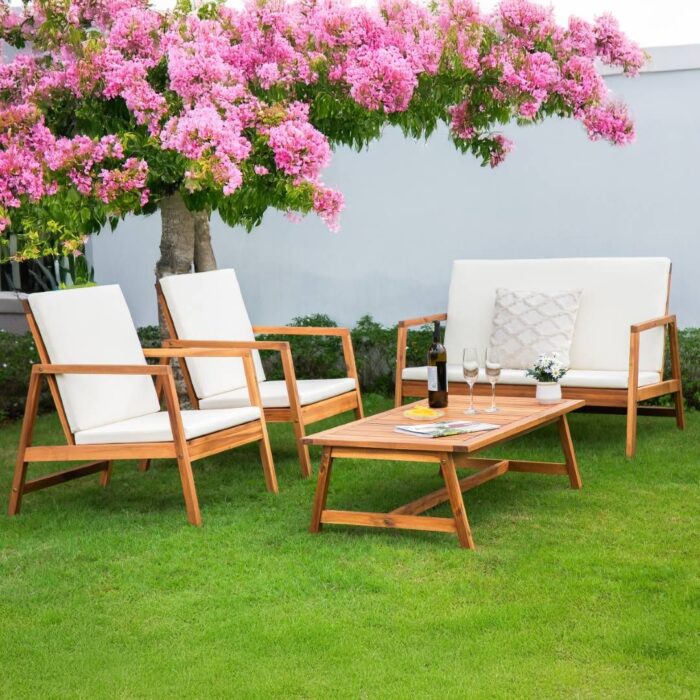 4-Piece Acacia Wood Patio Furniture Set with Cushions
