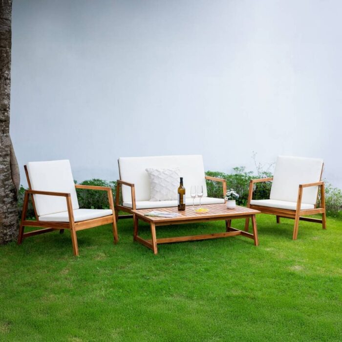 4-Piece Acacia Wood Patio Furniture Set with Cushions