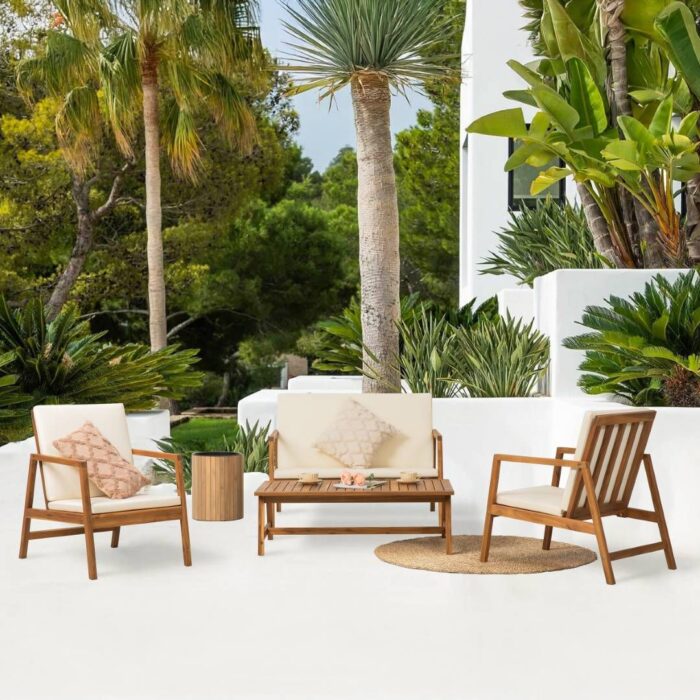 4-Piece Acacia Wood Patio Furniture Set with Cushions