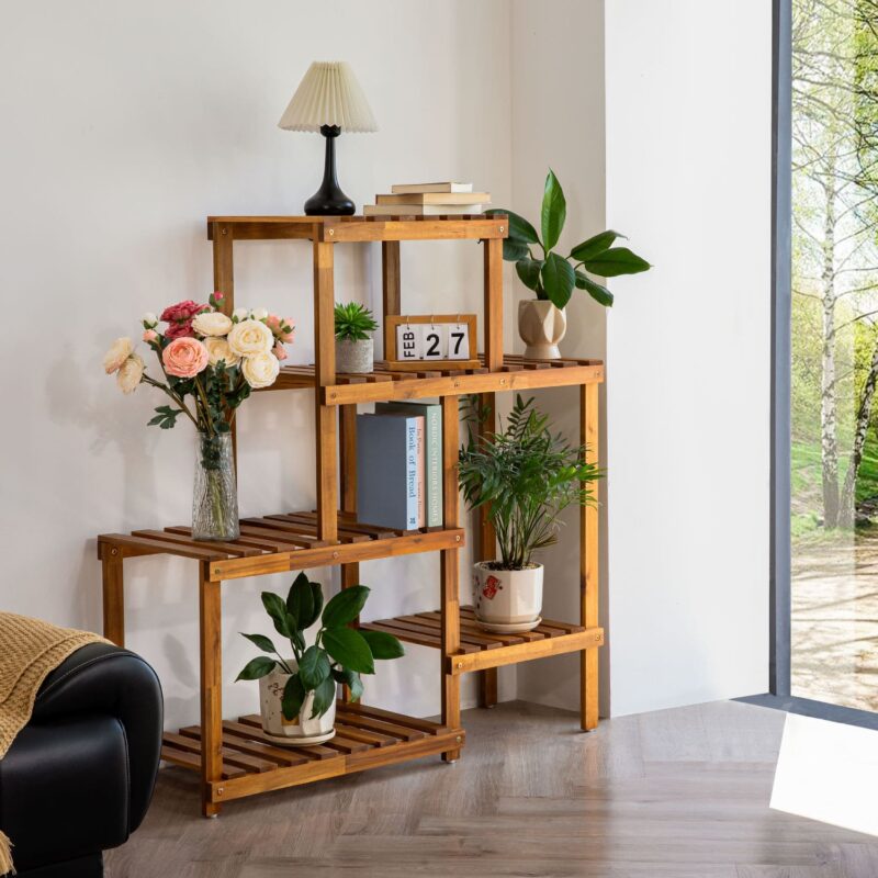 5-Tier Acacia Wood Plant Stand for Balcony & Patio