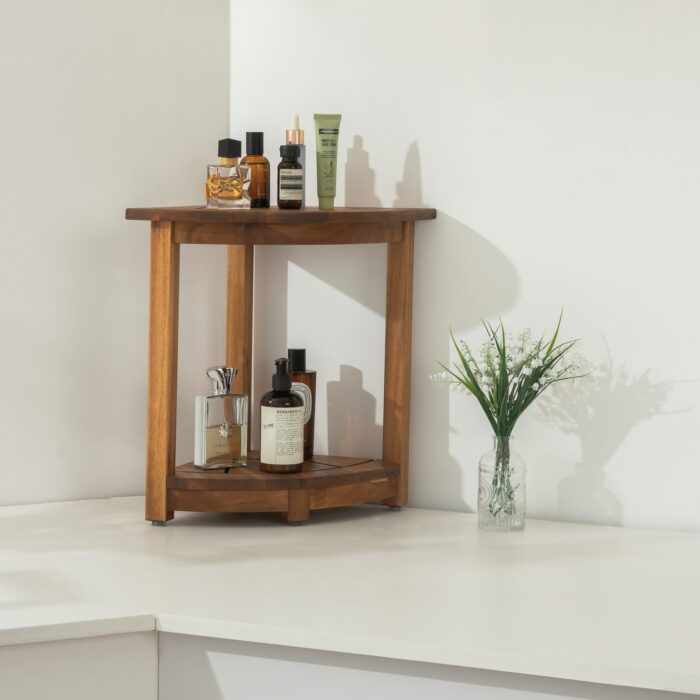 Acacia Corner Shower Stool Waterproof Bath Bench with Shelf